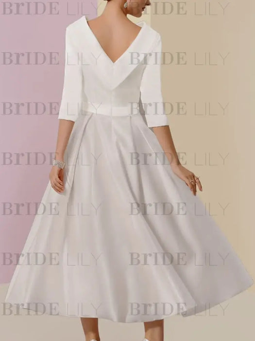Tea-Length Mother of the Bride A-Line Dress with Jewel Neckline Half Sleeves Pleats and Pockets