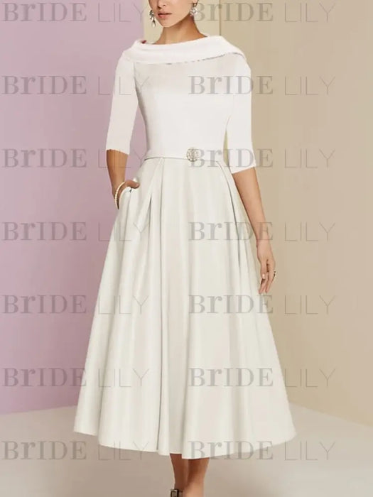 Tea-Length Mother of the Bride A-Line Dress with Jewel Neckline Half Sleeves Pleats and Pockets
