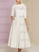 Tea-Length Mother of the Bride A-Line Dress with Jewel Neckline Half Sleeves Pleats and Pockets
