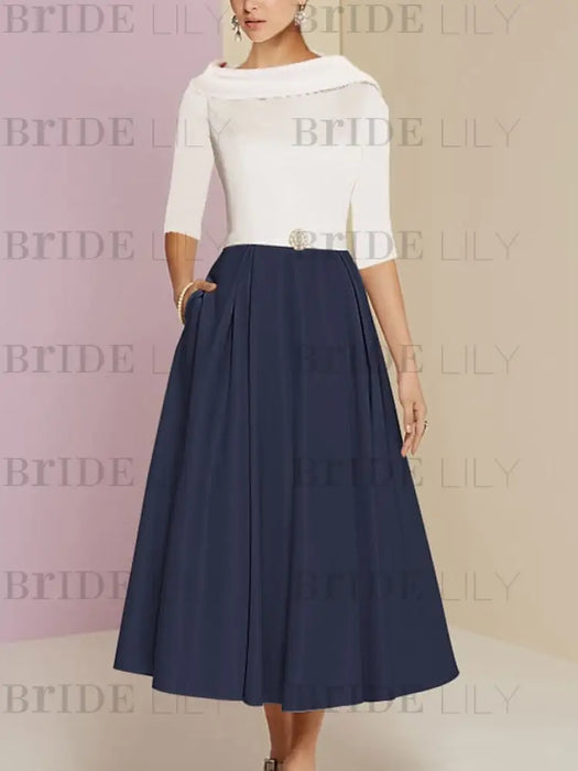 Tea-Length Mother of the Bride A-Line Dress with Jewel Neckline Half Sleeves Pleats and Pockets