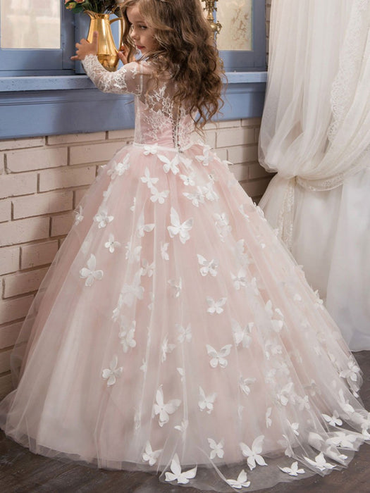 Flower Girl Dresses Jewel Neck Long Sleeves Butterfly Formal Kids Princess Dresses