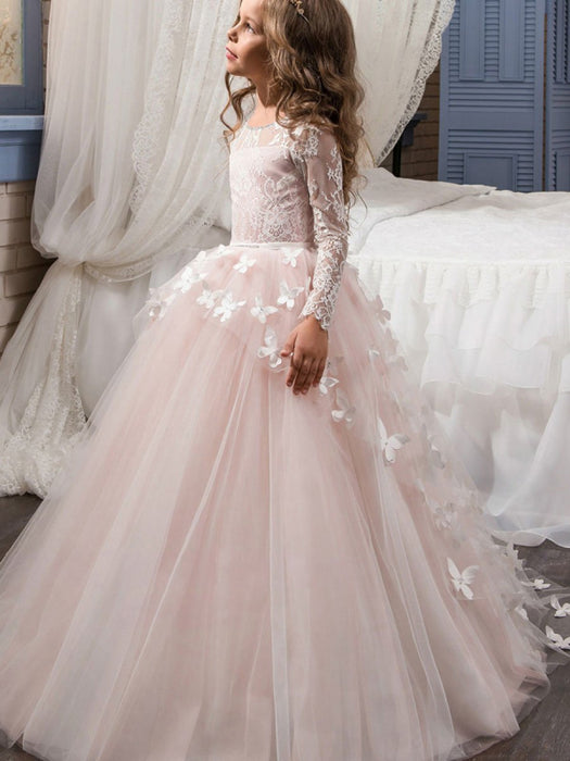 Flower Girl Dresses Jewel Neck Long Sleeves Butterfly Formal Kids Princess Dresses