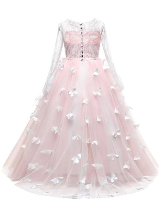 Flower Girl Dresses Jewel Neck Long Sleeves Butterfly Formal Kids Princess Dresses