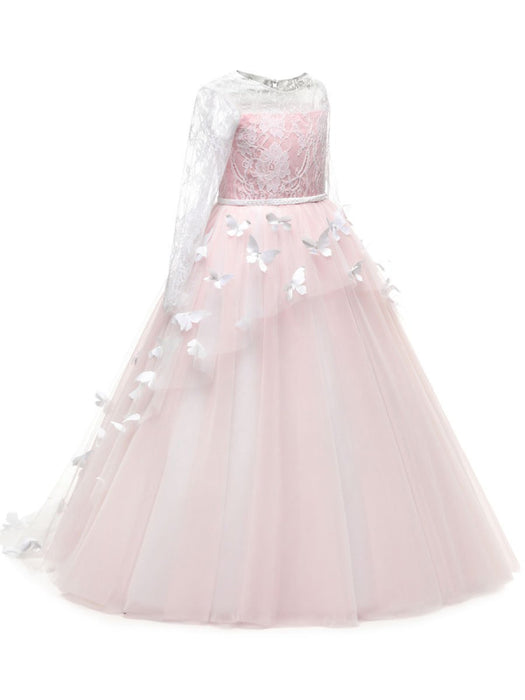 Flower Girl Dresses Jewel Neck Long Sleeves Butterfly Formal Kids Princess Dresses