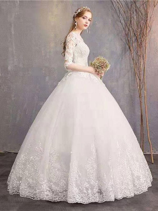 Cheap Wedding Dresses Eric White Jewel Neck Half-Sleeve Soft Tulle Lace Up Floor Length Bride Dresses