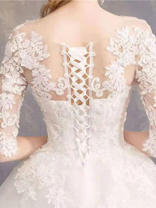 Cheap Wedding Dresses Eric White Jewel Neck Half-Sleeve Soft Tulle Lace Up Floor Length Bride Dresses