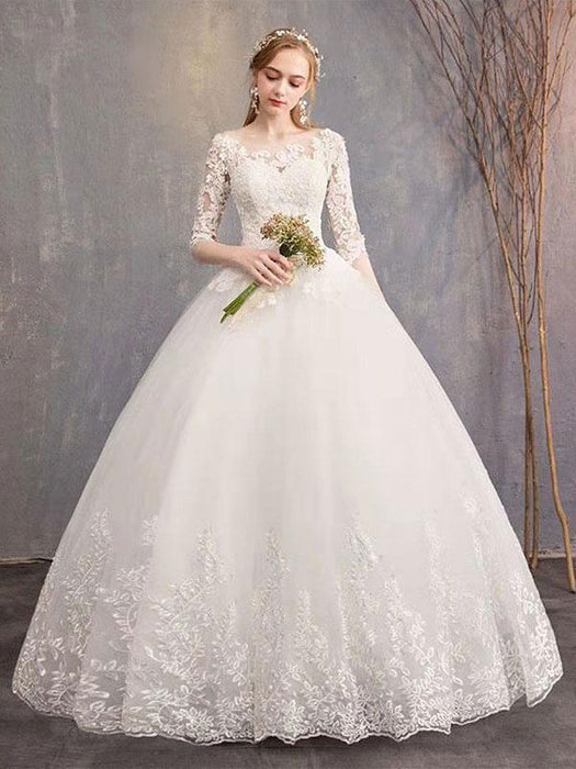 Cheap Wedding Dresses Eric White Jewel Neck Half-Sleeve Soft Tulle Lace Up Floor Length Bride Dresses