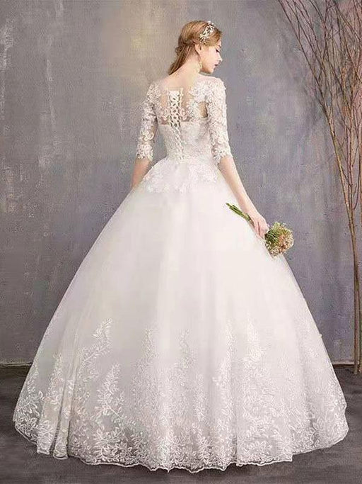 Cheap Wedding Dresses Eric White Jewel Neck Half-Sleeve Soft Tulle Lace Up Floor Length Bride Dresses