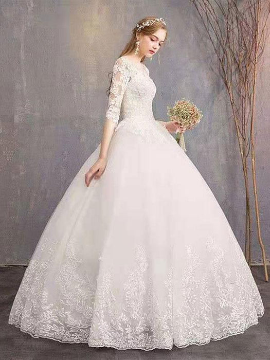 Cheap Wedding Dresses Eric White Jewel Neck Half-Sleeve Soft Tulle Lace Up Floor Length Bride Dresses