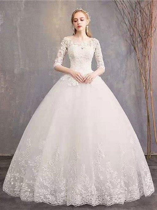 Cheap Wedding Dresses Eric White Jewel Neck Half-Sleeve Soft Tulle Lace Up Floor Length Bride Dresses