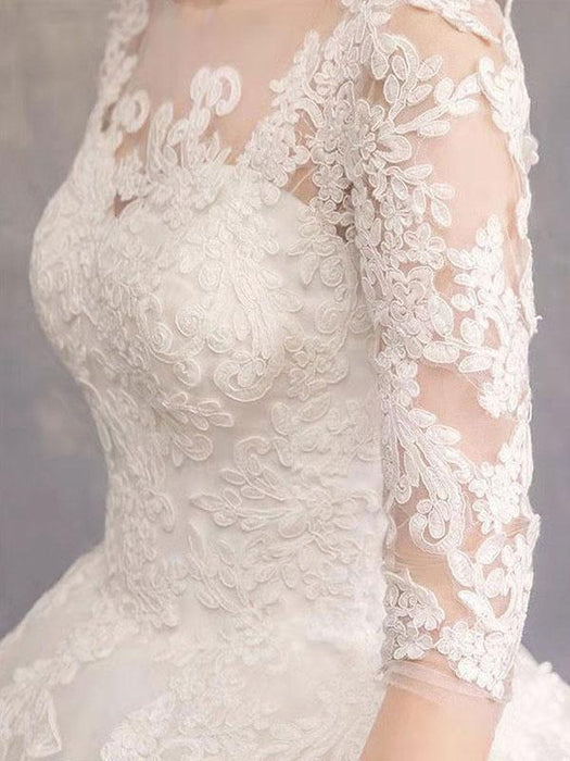 Cheap Wedding Dresses Eric White Jewel Neck Half-Sleeve Soft Tulle Lace Up Floor Length Bride Dresses