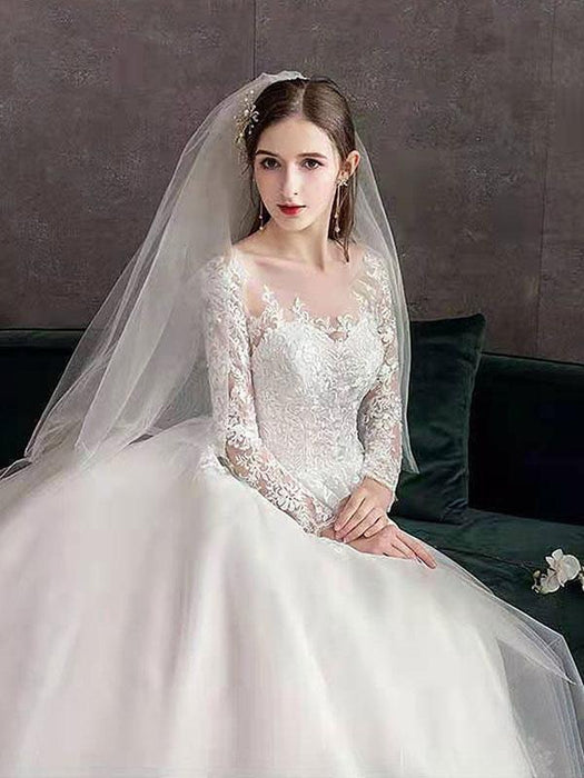 Vintage Wedding Dresses Eric White Jewel Neck Long Sleeves Natural Waist Satin Fabric Cathedral Train Applique Traditional Dresses For Bride