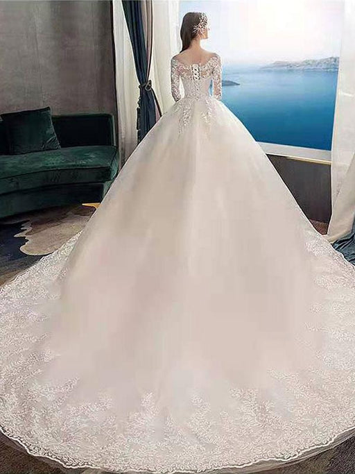 Vintage Wedding Dresses Eric White Jewel Neck Long Sleeves Natural Waist Satin Fabric Cathedral Train Applique Traditional Dresses For Bride