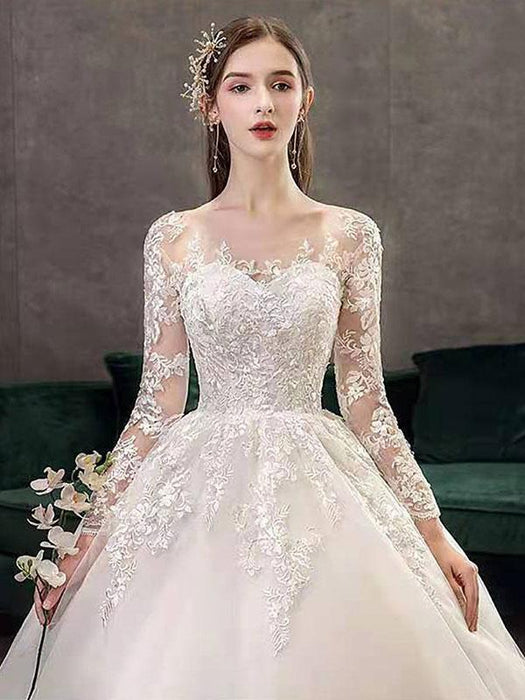 Vintage Wedding Dresses Eric White Jewel Neck Long Sleeves Natural Waist Satin Fabric Cathedral Train Applique Traditional Dresses For Bride
