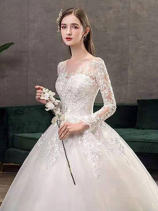 Vintage Wedding Dresses Eric White Jewel Neck Long Sleeves Natural Waist Satin Fabric Cathedral Train Applique Traditional Dresses For Bride