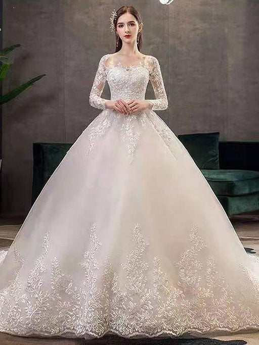 Vintage Wedding Dresses Eric White Jewel Neck Long Sleeves Natural Waist Satin Fabric Cathedral Train Applique Traditional Dresses For Bride
