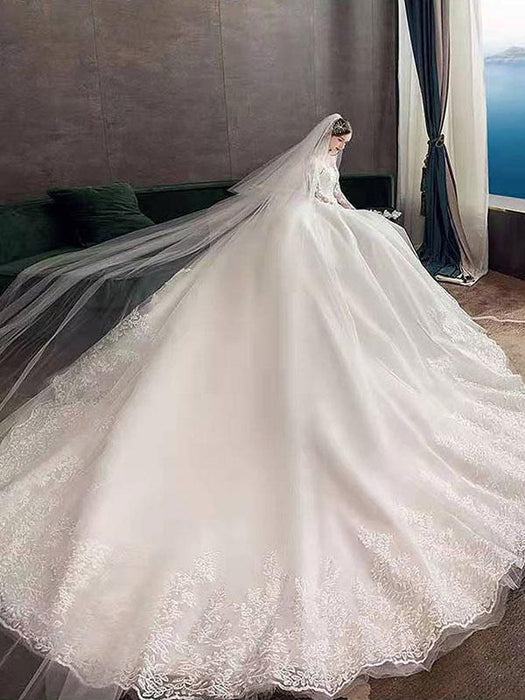 Vintage Wedding Dresses Eric White Jewel Neck Long Sleeves Natural Waist Satin Fabric Cathedral Train Applique Traditional Dresses For Bride