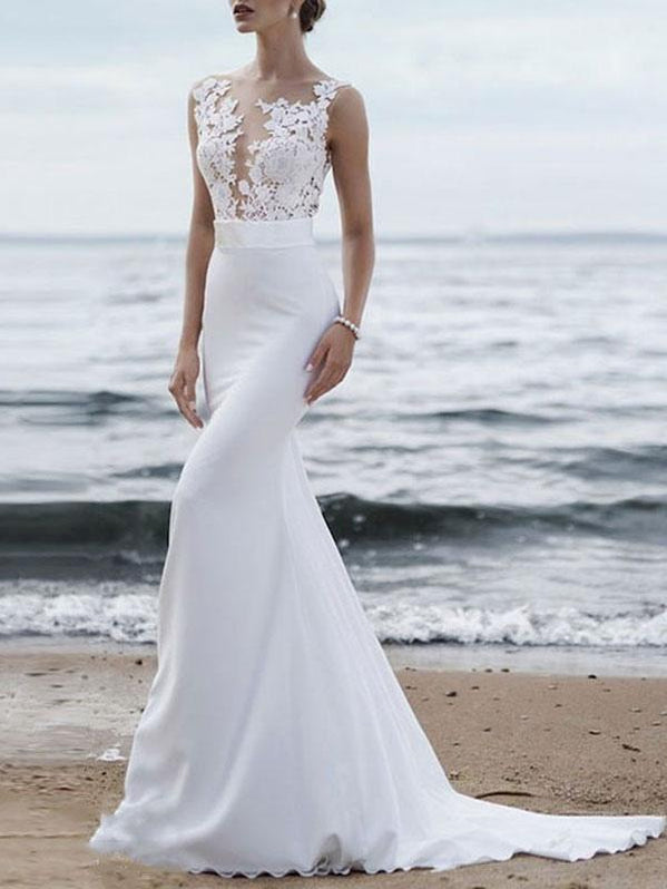 Gorgeous Round Neck Beach Sleeveless Mermaid Lace Wedding Dress With Train main image 0