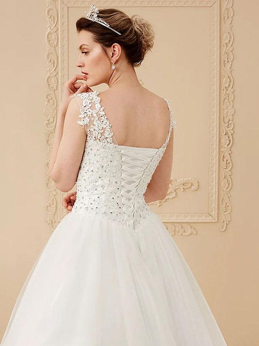 Cheap Wedding Dresses White Jewel Neck Sleeveless Soft Tulle Lace Up Floor Length Bride Dresses
