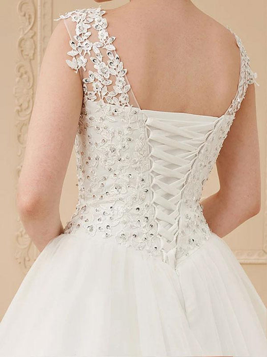 Cheap Wedding Dresses White Jewel Neck Sleeveless Soft Tulle Lace Up Floor Length Bride Dresses