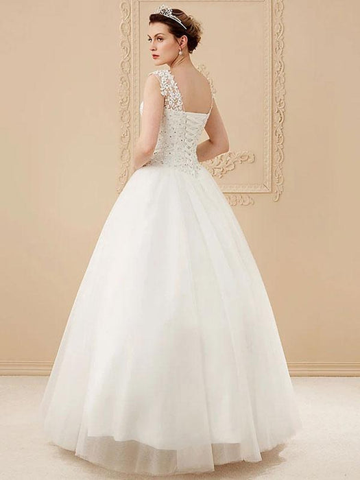 Cheap Wedding Dresses White Jewel Neck Sleeveless Soft Tulle Lace Up Floor Length Bride Dresses
