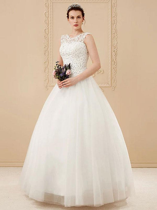 Cheap Wedding Dresses White Jewel Neck Sleeveless Soft Tulle Lace Up Floor Length Bride Dresses
