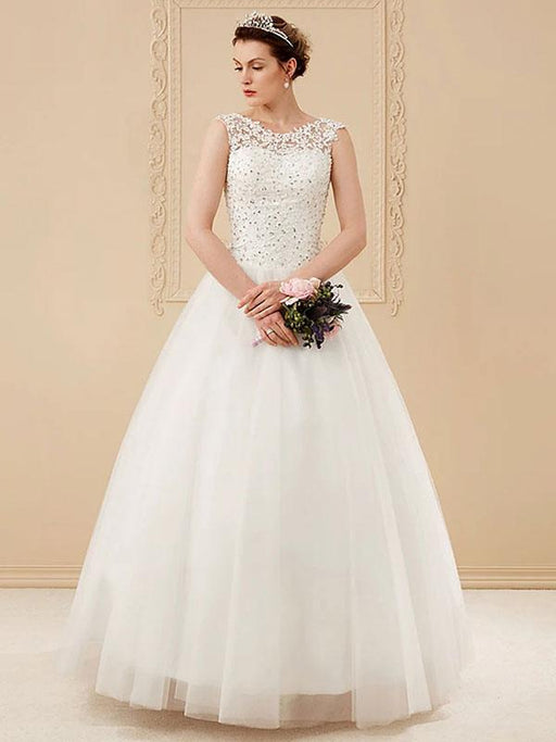 Cheap Wedding Dresses White Jewel Neck Sleeveless Soft Tulle Lace Up Floor Length Bride Dresses