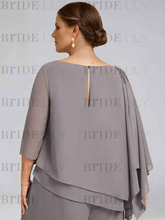 Back close-up of keyhole fastening on mauve grey chiffon tunic