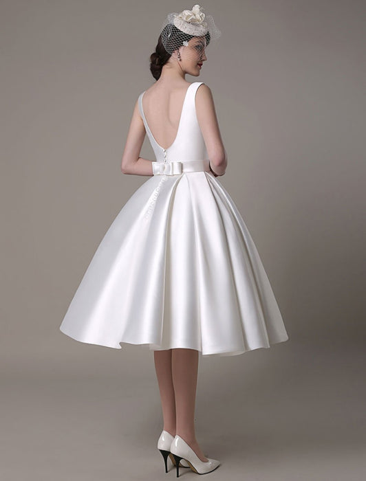 Ivory Wedding Dress Scoop Backless Knee Length Satin Wedding Gown misshow