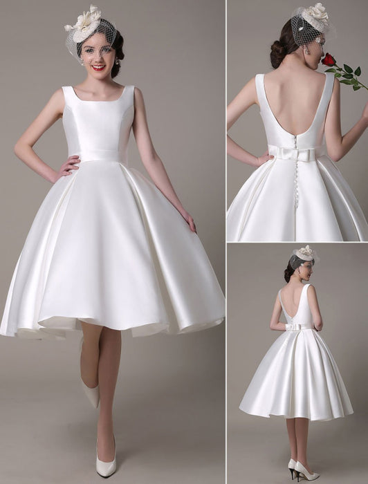 Ivory Wedding Dress Scoop Backless Knee Length Satin Wedding Gown misshow