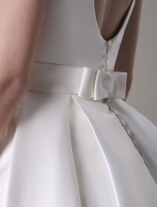 Ivory Wedding Dress Scoop Backless Knee Length Satin Wedding Gown misshow