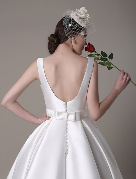 Ivory Wedding Dress Scoop Backless Knee Length Satin Wedding Gown misshow