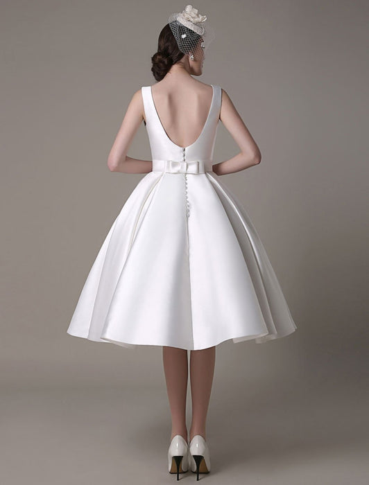 Ivory Wedding Dress Scoop Backless Knee Length Satin Wedding Gown misshow