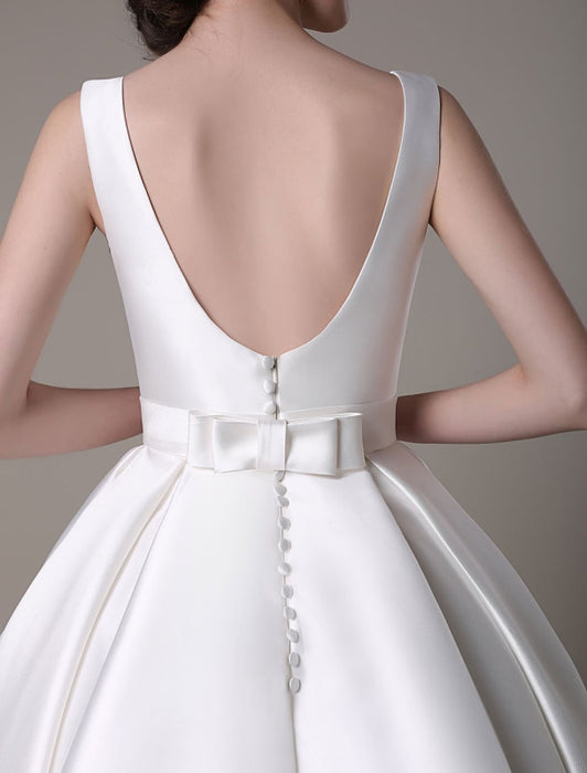 Ivory Wedding Dress Scoop Backless Knee Length Satin Wedding Gown misshow
