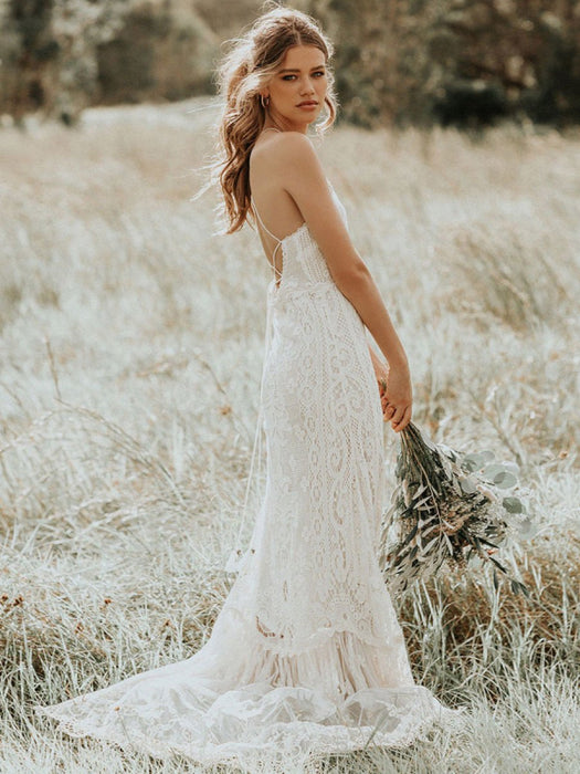 Lace A Line Boho Wedding Dress Sleeveless-Bridelily Lace A Line Boho Wedding Dress Sleeveless-Bridelily