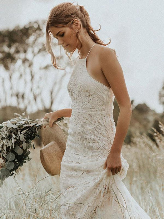 Lace A Line Boho Wedding Dress Sleeveless-Bridelily Lace A Line Boho Wedding Dress Sleeveless-Bridelily