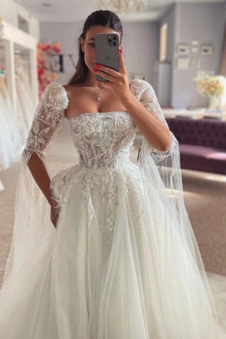 Lace Aline Wedding Dress Glitter Tulle Bridal Gown with Sleeves