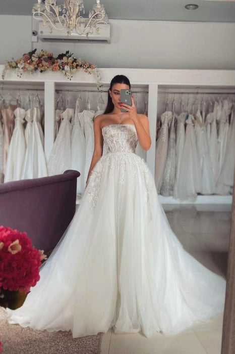Lace Aline Wedding Dress Glitter Tulle Bridal Gown with Sleeves