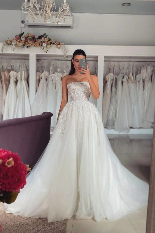 Lace Aline Wedding Dress Glitter Tulle Bridal Gown with Sleeves