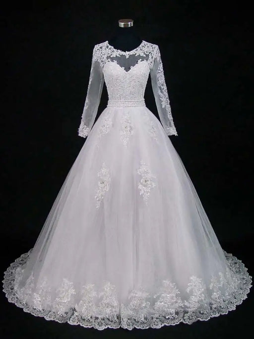 Lace Appliques Pearls Long Sleeves Wedding Dresses - White / Floor Length - wedding dresses