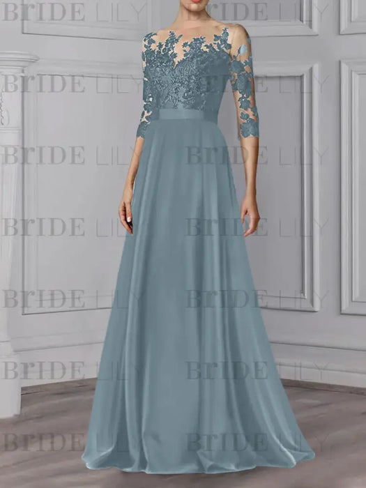 Lace bodice chiffon A-line mother of the bride dress in dusty blue