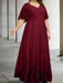 Plus size burgundy chiffon gown with a lace bodice and lace hem