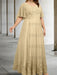 Plus size champagne chiffon gown with a lace bodice and lace hem