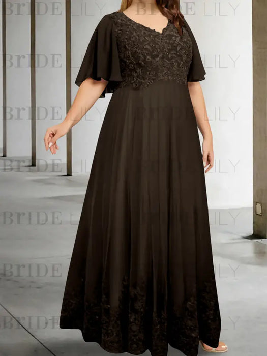 Plus size chocolate chiffon gown with a lace bodice and lace hem