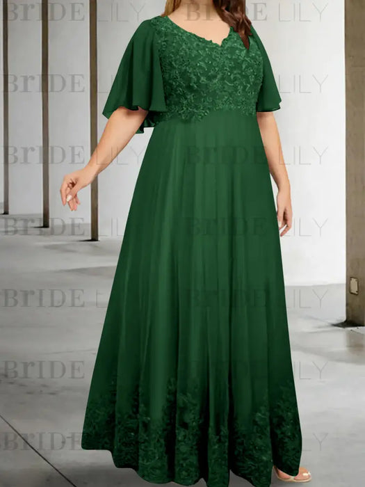 Dark Green plus size lace hem chiffon mother of the bride empire gown