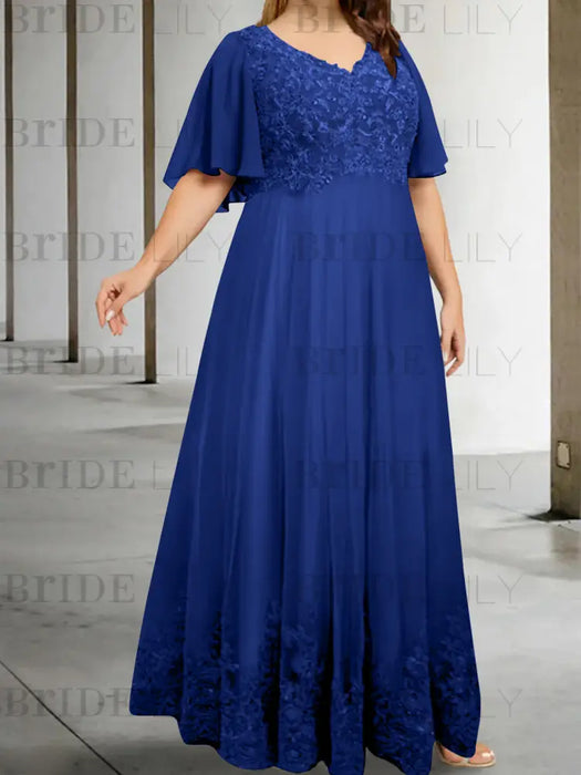 Dark Royal Blue plus size lace hem chiffon mother of the bride empire gown