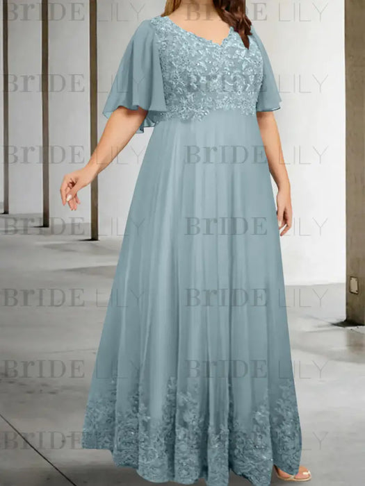 Dusty Blue plus size lace hem chiffon mother of the bride empire gown
