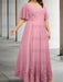 Plus size dusty pink chiffon gown with a lace bodice and lace hem