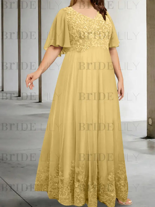 Gold plus size lace hem chiffon mother of the bride empire gown