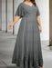 Plus size grey chiffon gown with a lace bodice and lace hem band
